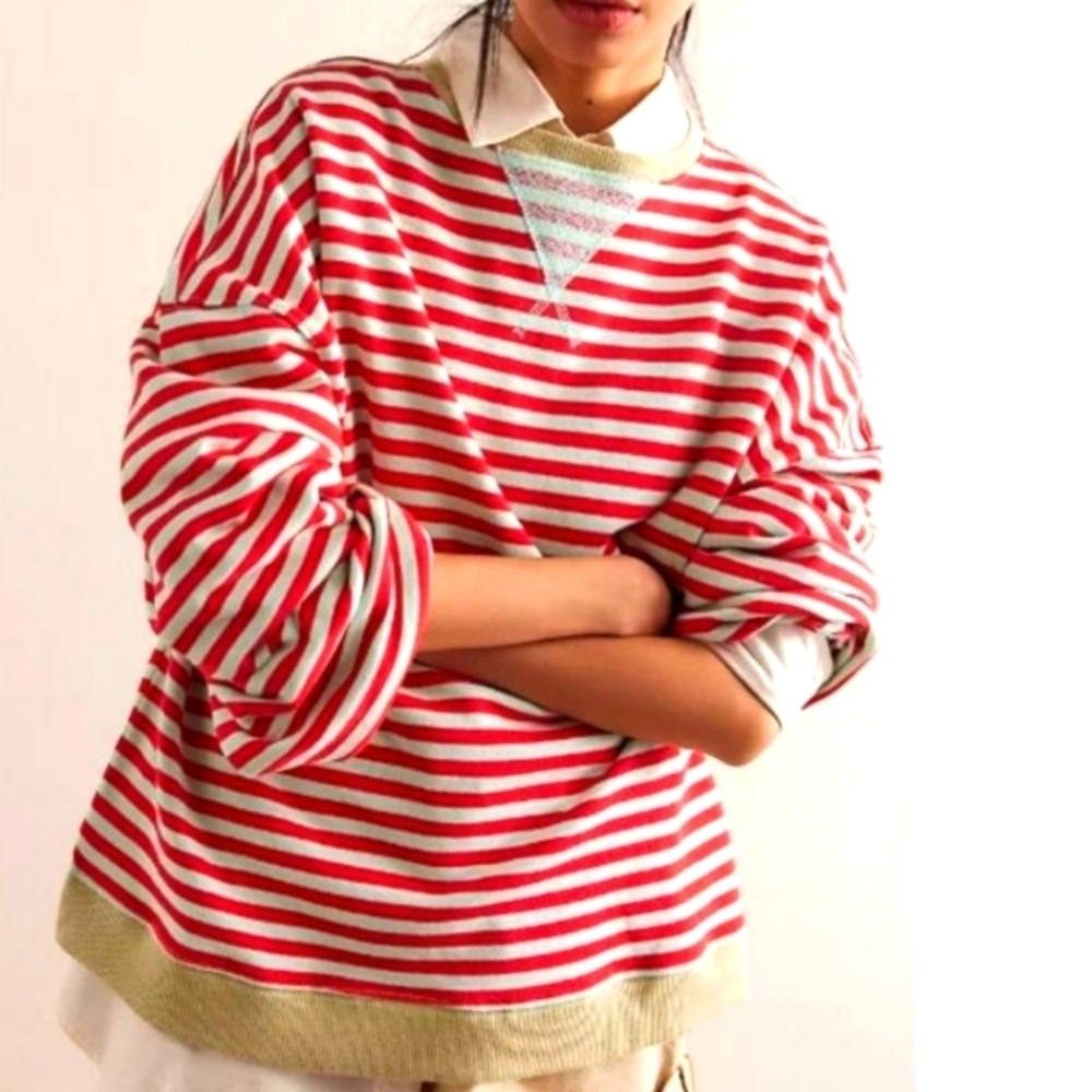 Free People FP Classic Striped Oversized Crewneck Sweatshirt  Sweater NEW! C2